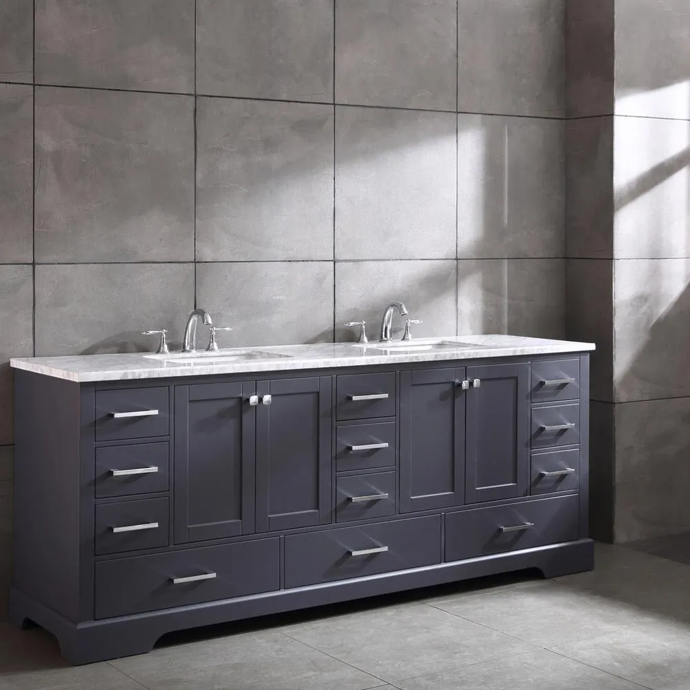 Eviva Storehouse 84 in. W x 22 in. D x 34 in. H Double Sink Bathroom Vanity in Dark Gray with White Carrara Marble Top and White Undermount Basins, photo 2 of 11