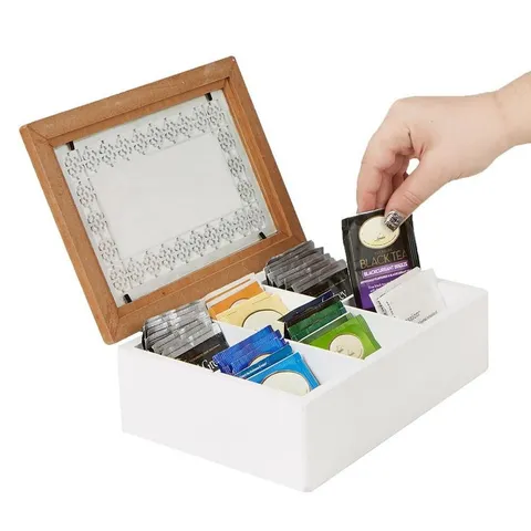 Brown Tea Box Storage Holder with Glass Window Wood Pattern