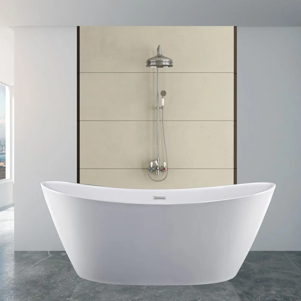 Empava 59 in. Free Standing Bathtub Streamline Stand Alone Flatbottom Acrylic Deep Soaking SPA Tubs for Adults in White, photo 2 of 8