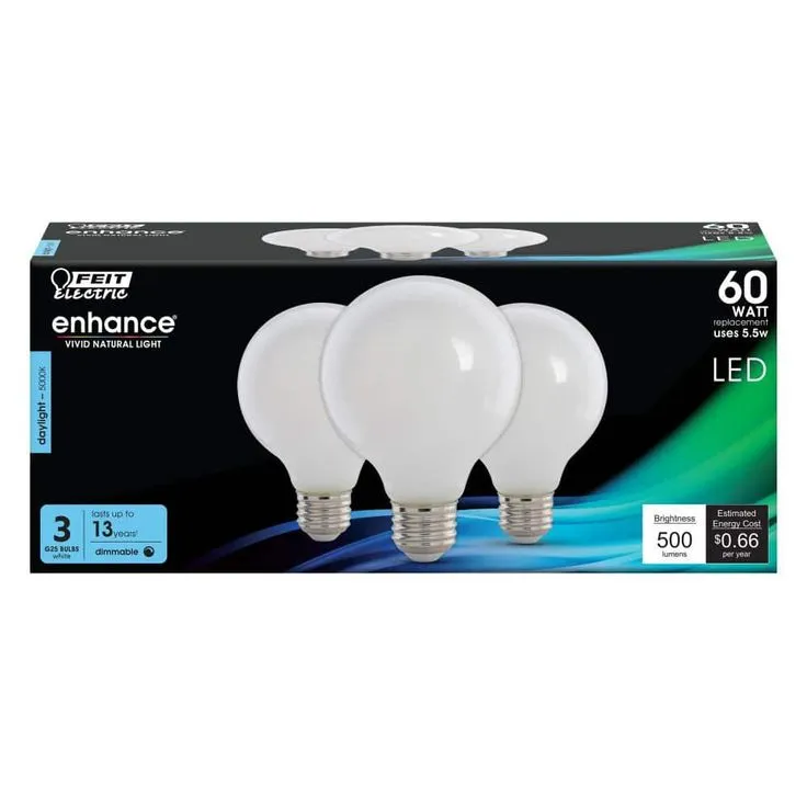 Feit Electric 60-Watt Equivalent G25 Dimmable Filament ENERGY STAR White Glass LED Light Bulb, Daylight (3-Pack), photo 6 of 8