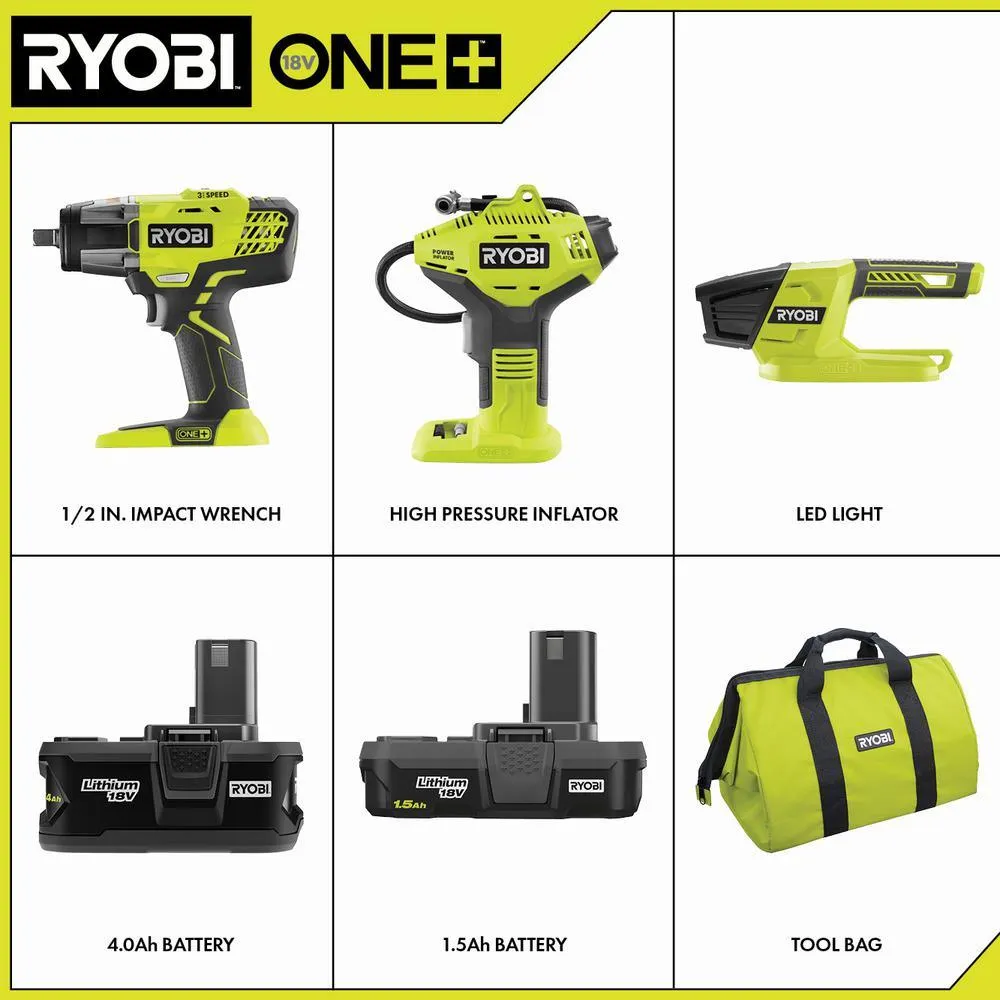 RYOBI ONE+ 18V Cordless 1/2 in. Impact Wrench, Inflator, LED Light Kit w/(1)4.0Ah, (1)1.5Ah Battery, Bag, Charger Not Included, photo 2 of 15