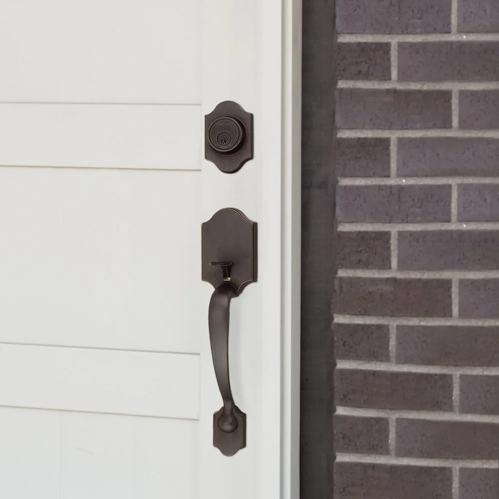 Sussex Oil-Rubbed Bronze Handleset with Scroll Lever Interior and Single Cylinder Deadbolt, photo 4 of 9