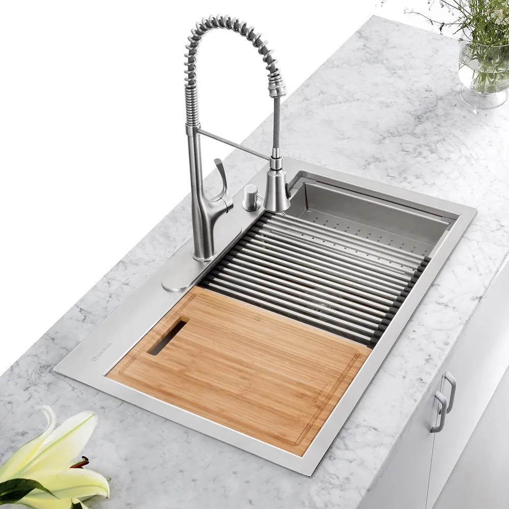 All-in-One Drop-In Stainless Steel 33 in. 4-Hole 50/50 Double Bowl Workstation Sink with Faucet and Accessories Kit, photo 2 of 12