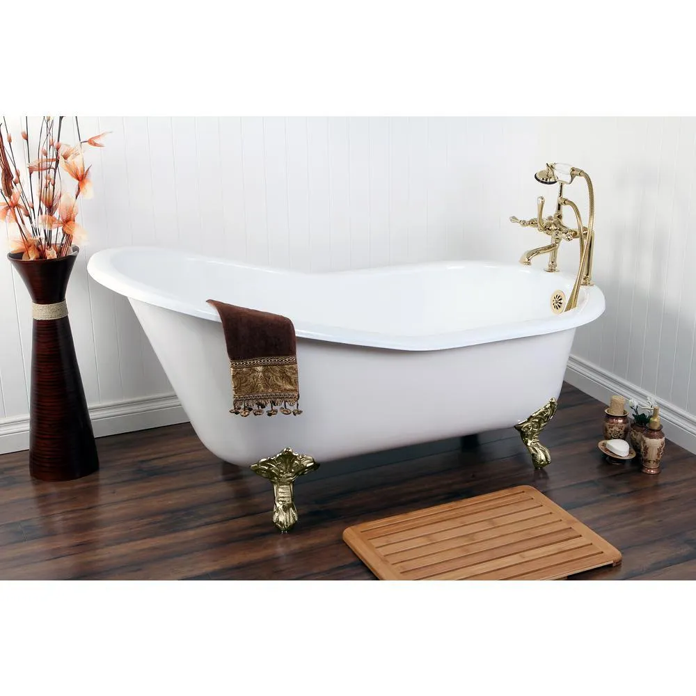 Slipper 62 in. Cast Iron Clawfoot Bathtub in White with Faucet Combo in Polished Brass, photo 4 of 8