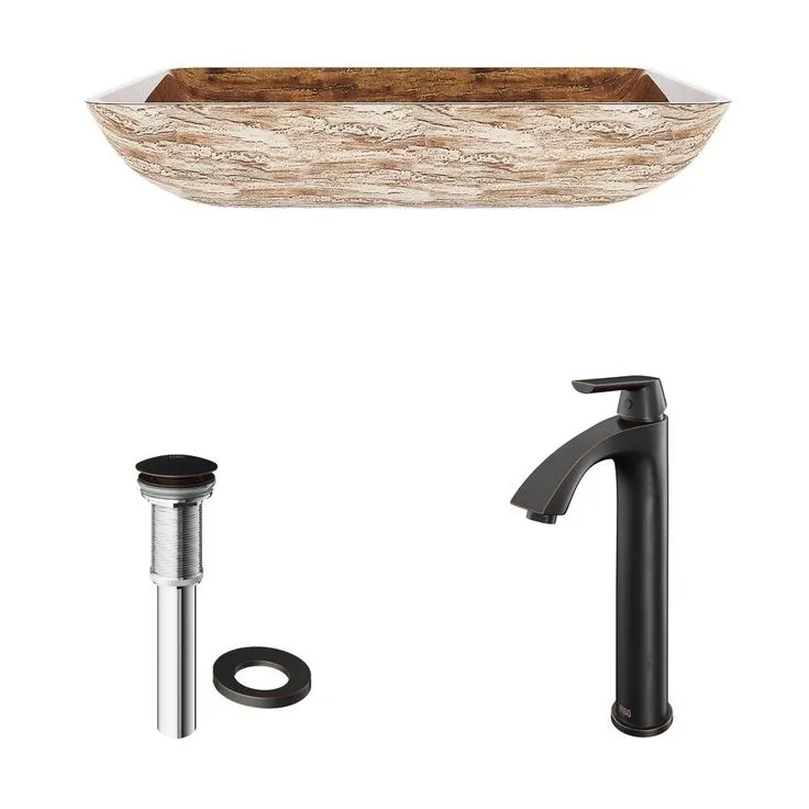 VIGO Glass Vessel Bathroom Sink in Amber Sunset and Linus Faucet Set in Antique Rubbed Bronze, photo 6 of 11