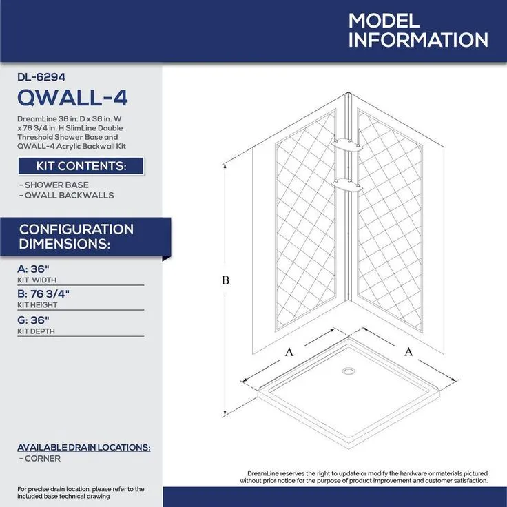 DreamLine 36 in. D x 36 in. W x 76-3/4 in. H Shower Kit in White – SlimLine Shower Base with QWALL-5 Backwall, photo 2 of 2