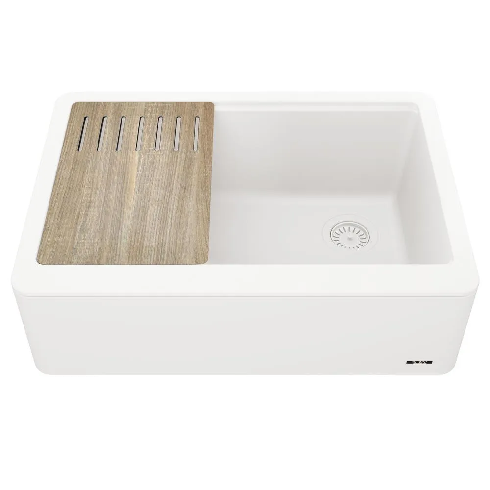 Bellucci 33in. CeramTek Granite/Quartz Composite Farmhouse ApronFront Single Bowl Kitchen Sink w/ Cutting Board in White, photo 16 of 16
