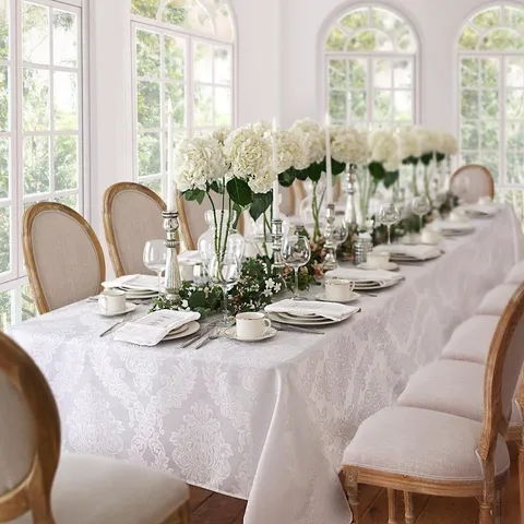 60 in wide · 120 in long White Elrene Barcelona Damask Fabric Tablecloth