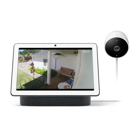 Nest Hub Max in Charcoal and Nest Cam Outdoor Security Camera