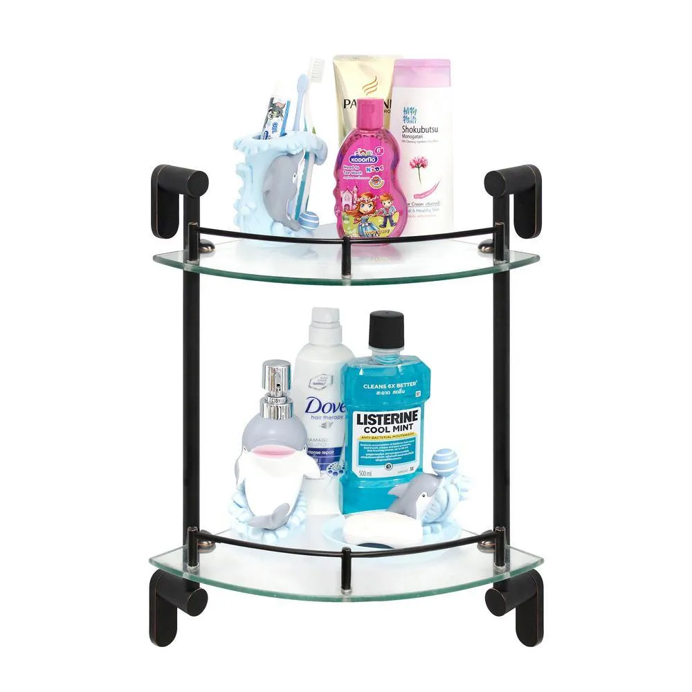 MODONA Oval 10.5 in. W Double Glass Corner Shelf with Pre-Installed Rails in Rubbed Bronze, photo 2 of 7