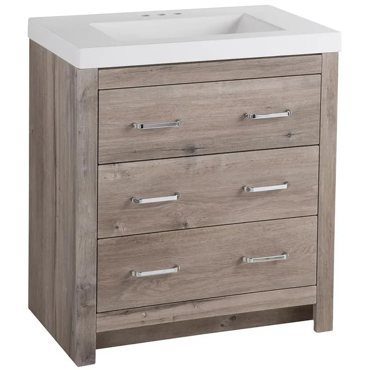 Woodbrook 31 in. W x 19 in. D Bath Vanity in White Washed Oak with Cultured Marble Vanity Top in White with White Sink, photo 8 of 11