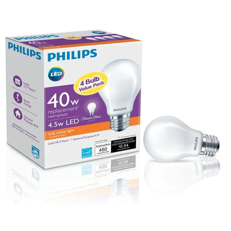 Philips 40-Watt Equivalent A19 Non-Dimmable Energy Saving Frosted Classic Glass LED Light Bulb Soft White (2700K) (4-Pack), photo 6 of 8