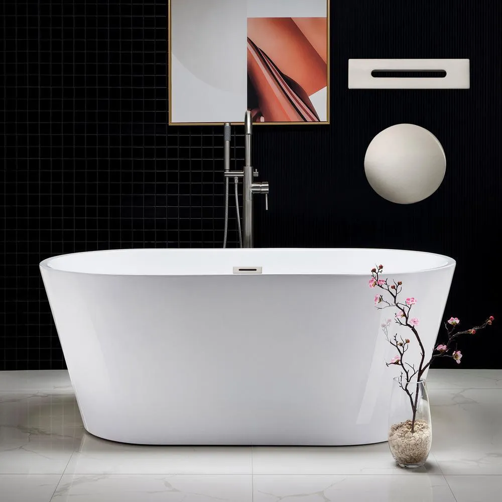 WOODBRIDGE Camden 59 in. Acrylic Freestanding Double-Ended Soaking Bathtub with Drain and Overflow, White, photo 8 of 9