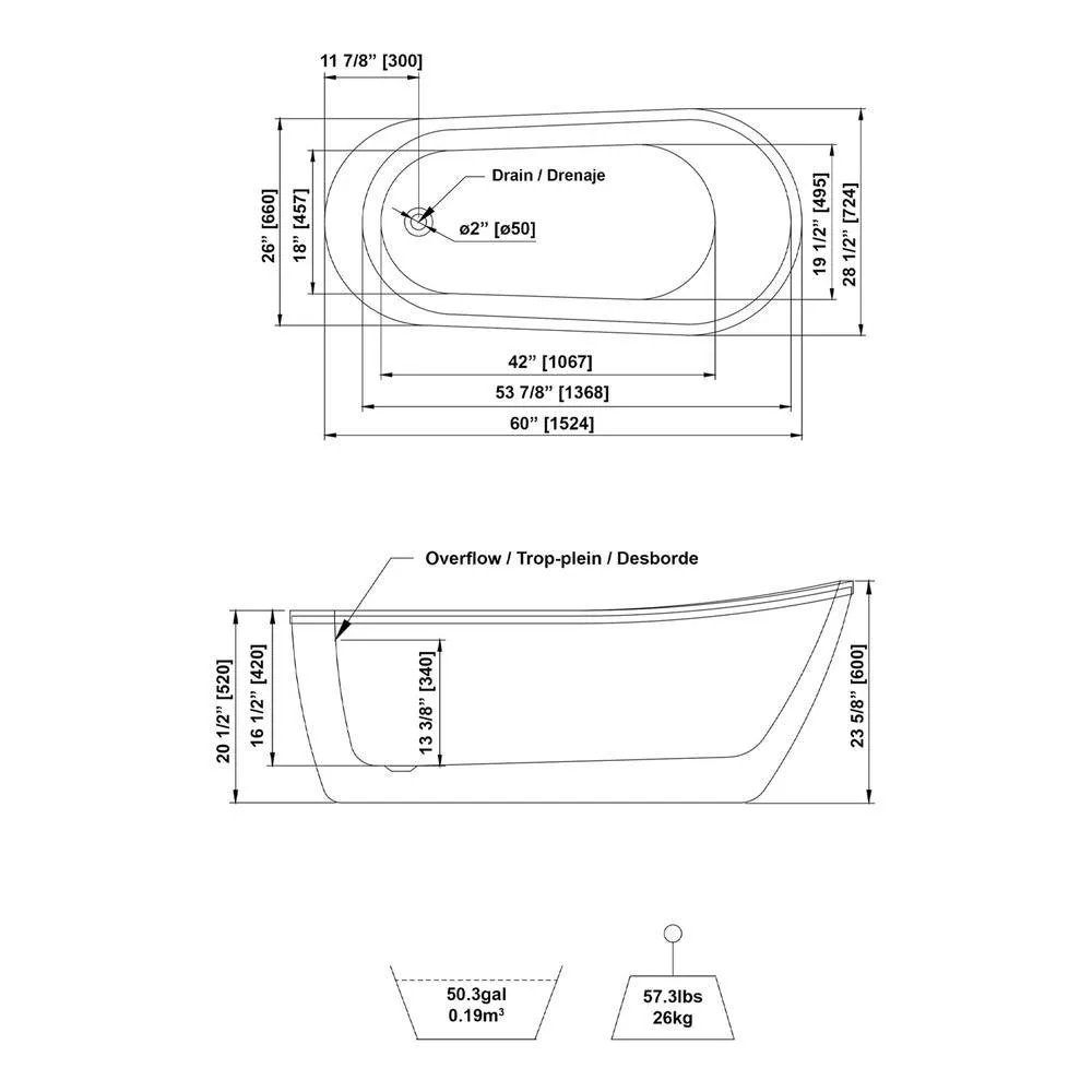 Colton 63 in. Center Drain Freestanding Bathtub in Glossy White, photo 2 of 10