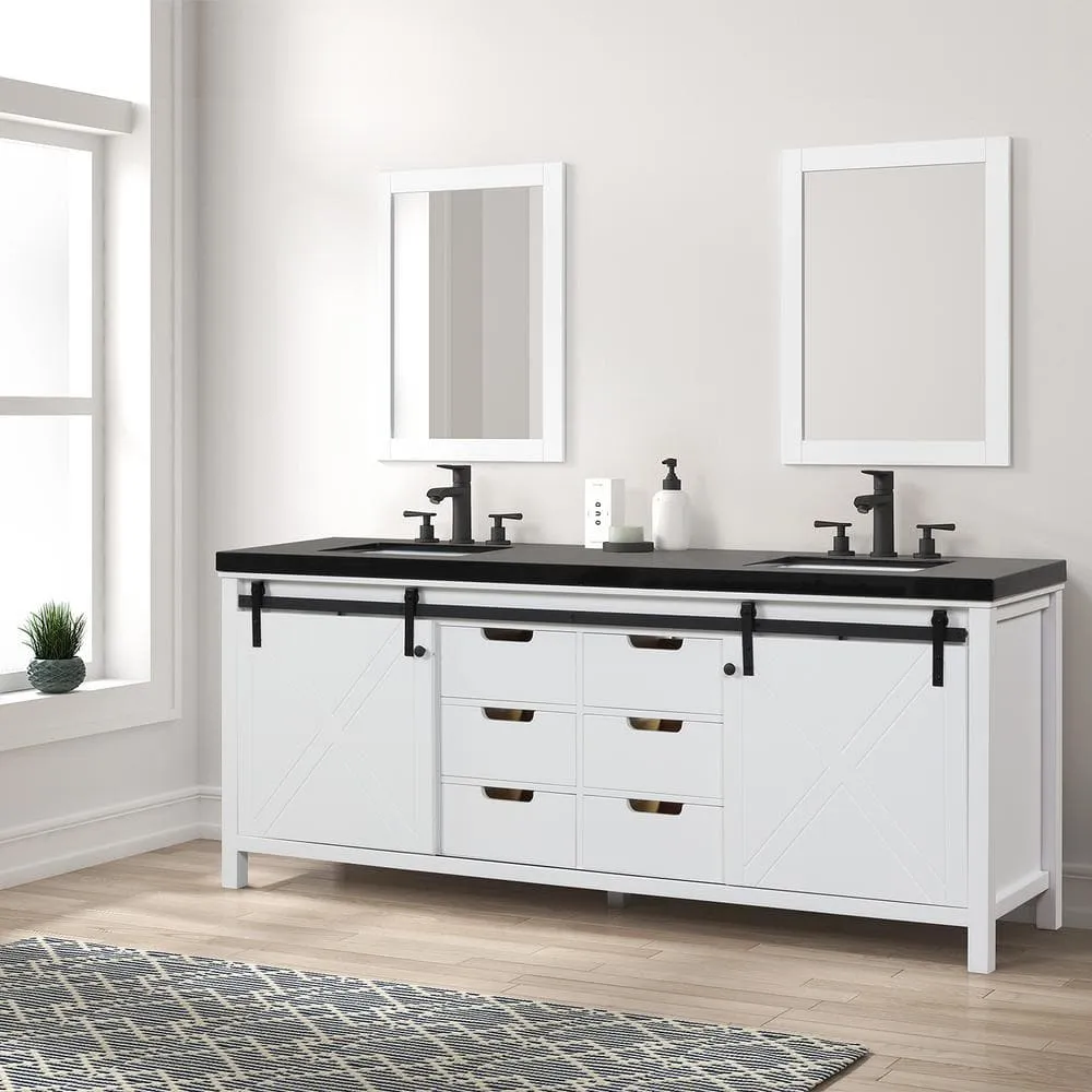 Eviva Dallas 84 in. W x 22 in. D x 34 in. H Double Bath Vanity in White with Black Granite Top with Black Sinks, photo 3 of 3