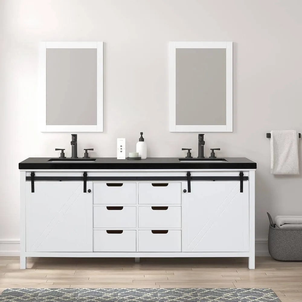 Eviva Dallas 84 in. W x 22 in. D x 34 in. H Double Bath Vanity in White with Black Granite Top with Black Sinks, photo 2 of 3