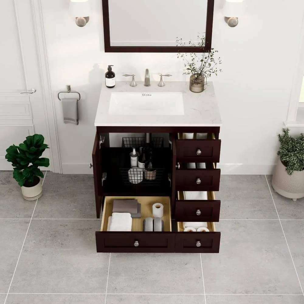 Eviva Acclaim 30 in. W x 22 in. D x 34 in. H Bath Vanity in Teak with White Carrara Quartz Top with White Sink, photo 2 of 3