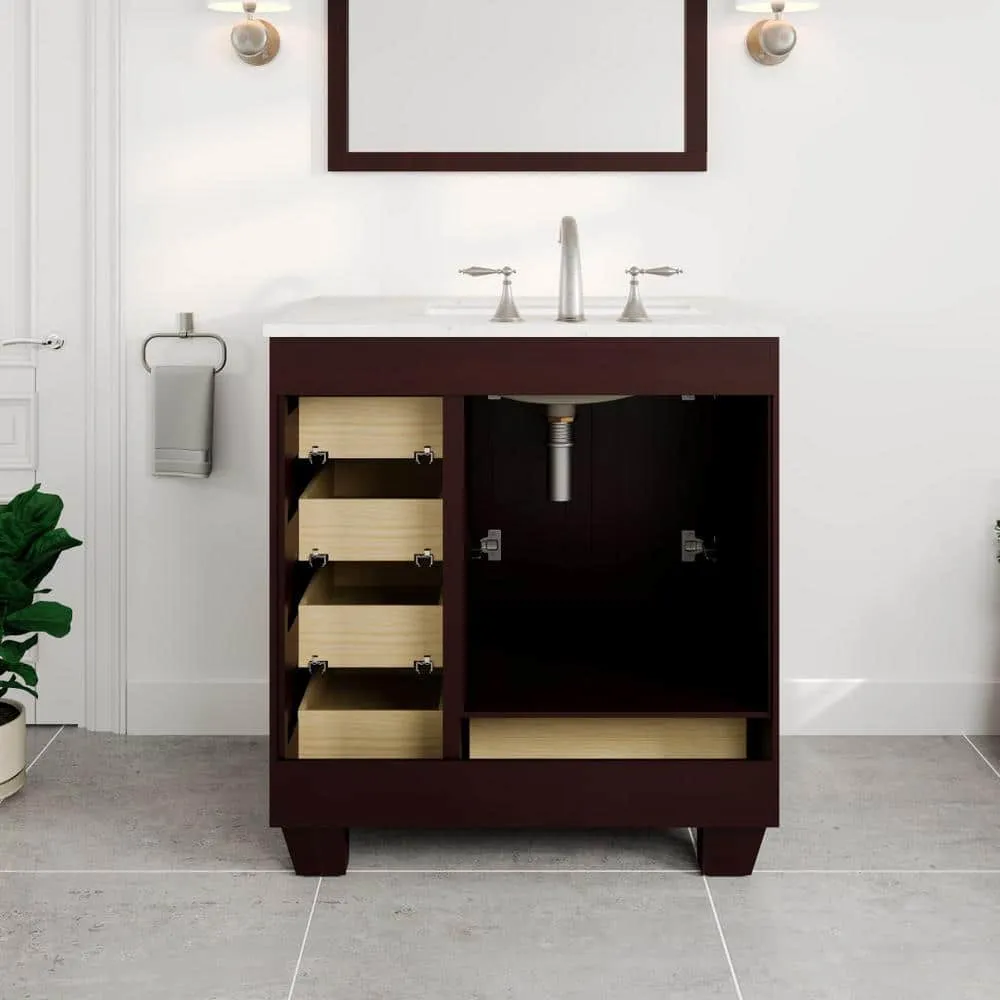 Eviva Acclaim 30 in. W x 22 in. D x 34 in. H Bath Vanity in Teak with White Carrara Quartz Top with White Sink, photo 3 of 3