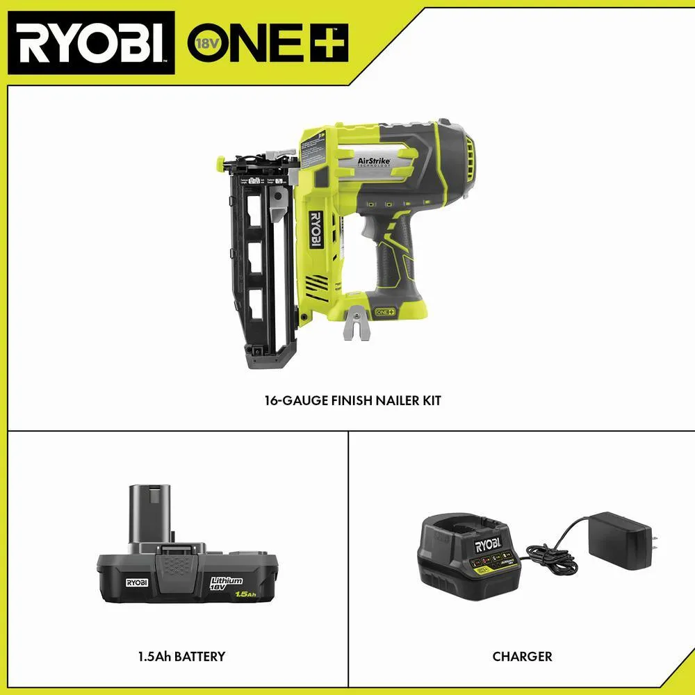 RYOBI 18V ONE+ Cordless AirStrike 16-Gauge Straight Finish Nailer with Sample Nails, (1) 1.5 Ah Battery and Charger, photo 2 of 14