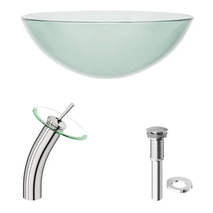 VIGO Glass Vessel Bathroom Sink in Clear Crystalline Glass with Waterfall Faucet Set in Brushed Nickel, photo 11 of 11