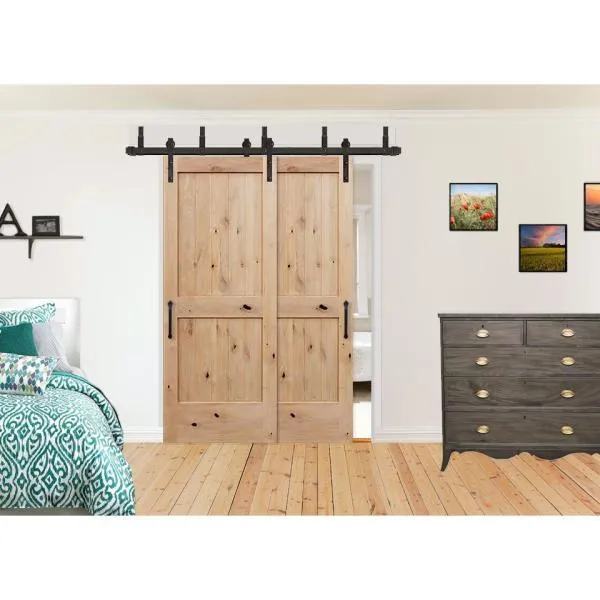Pacific Entries 60in.x80in.Bypass Rustic Unf 2-PNL V-Groove Solid Core Knotty Alder Wood Sliding Barn Door with Bronze Hardware Kit, photo 5 of 6