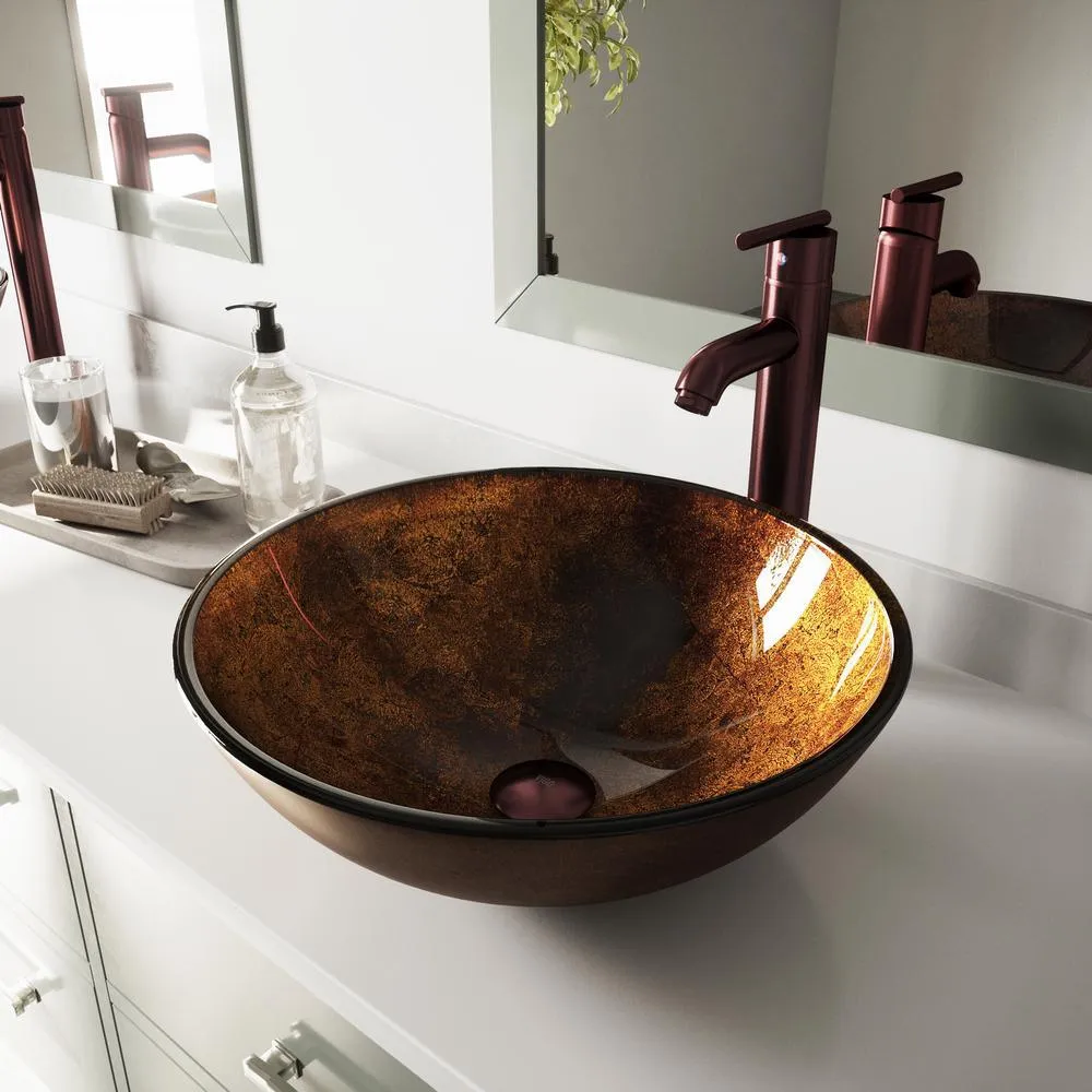 Glass Vessel Bathroom Sink in Gray Onyx and Seville Faucet Set in Matte Black, photo 20 of 27