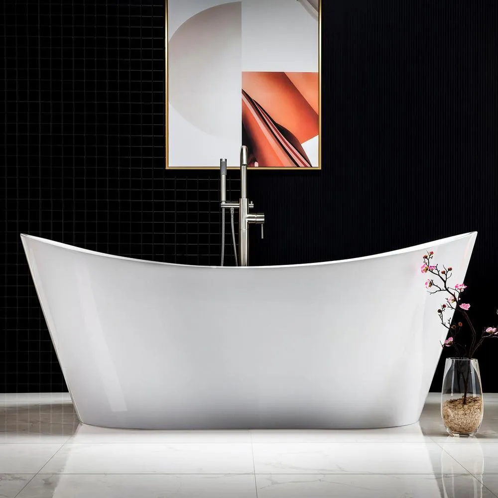 WOODBRIDGE Oviedo 71 in. Acrylic Freestanding Double Slipper Flat Bottom Soaking Bathtub with Drain and Overflow, White, photo 3 of 9
