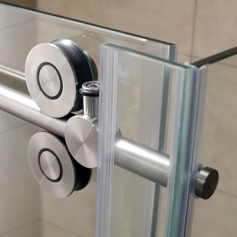 Winslow 34.625 in. x 74 in. Frameless Corner Bypass Shower Enclosure in Stainless Steel with Clear Glass, photo 13 of 15