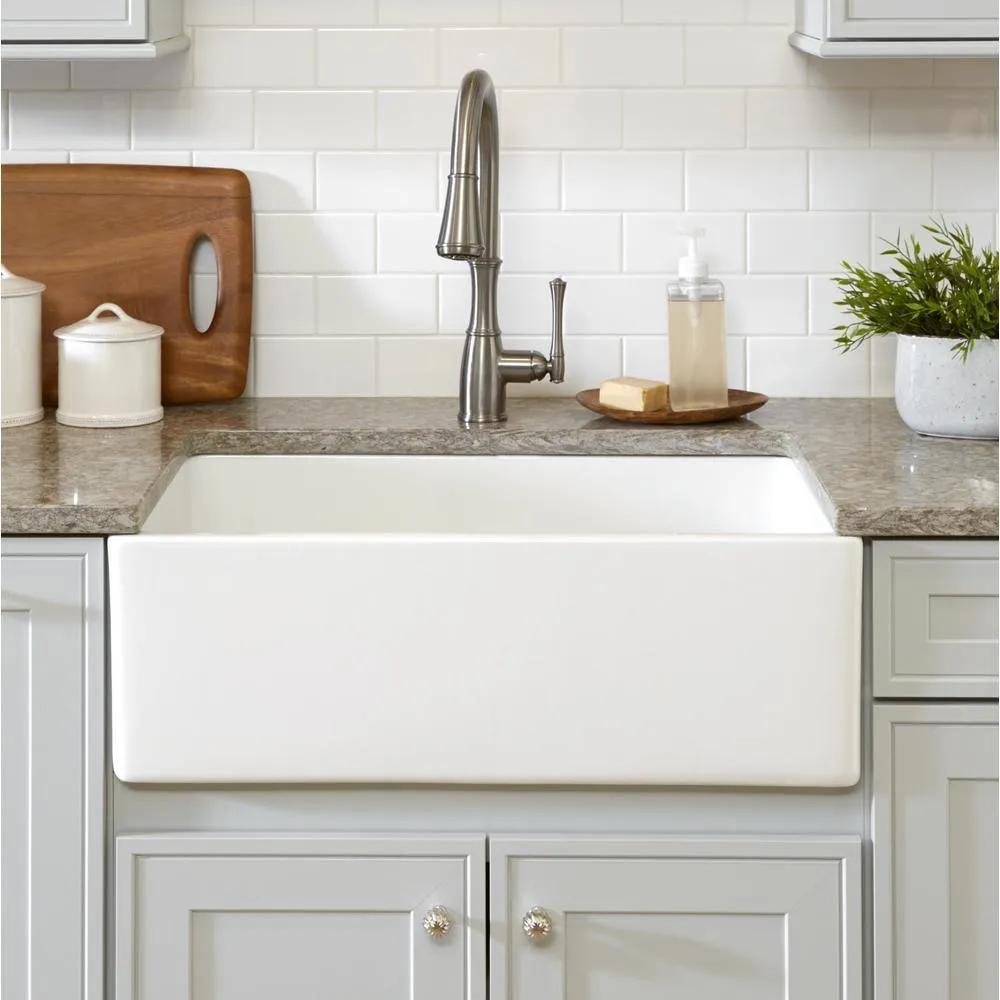 Bradstreet II Farmhouse Fireclay 30 in. Single Bowl Kitchen Sink with Strainer Drain in Crisp White, photo 7 of 13