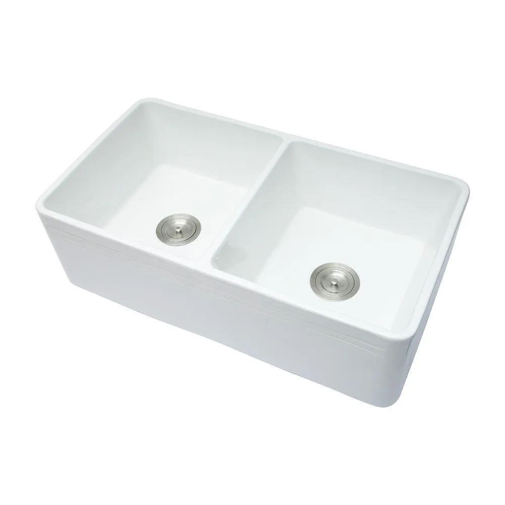 Fireclay 33 in. 50/50 Double Bowl Farmhouse/ Apron-Front Porcelain Ceramic Kitchen Sink in White, photo 4 of 8