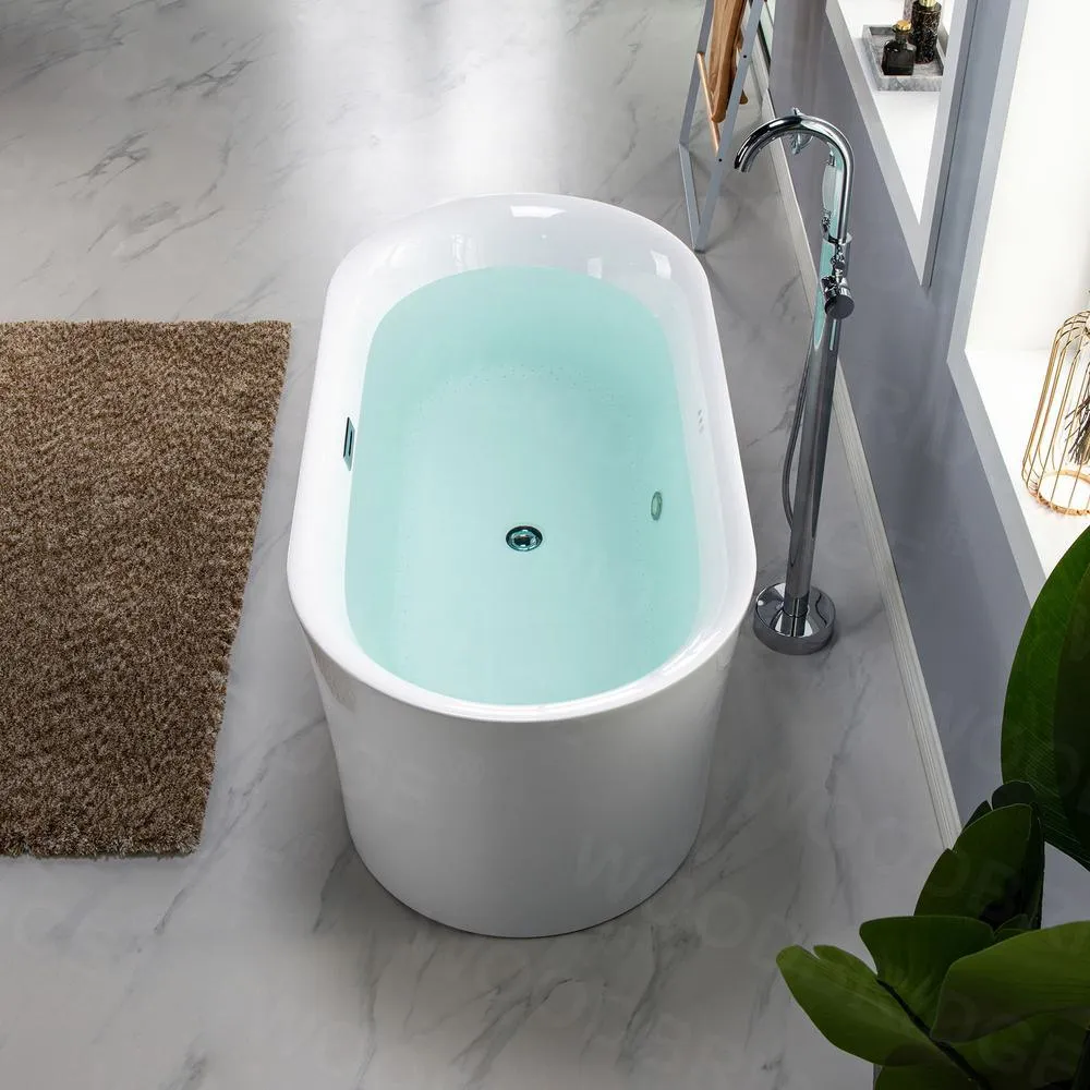 WOODBRIDGE Tion 59 in. Acrylic Freestanding Double-Ended Air Bath Bathtub with Chrome Drain and Overflow, White, photo 13 of 18