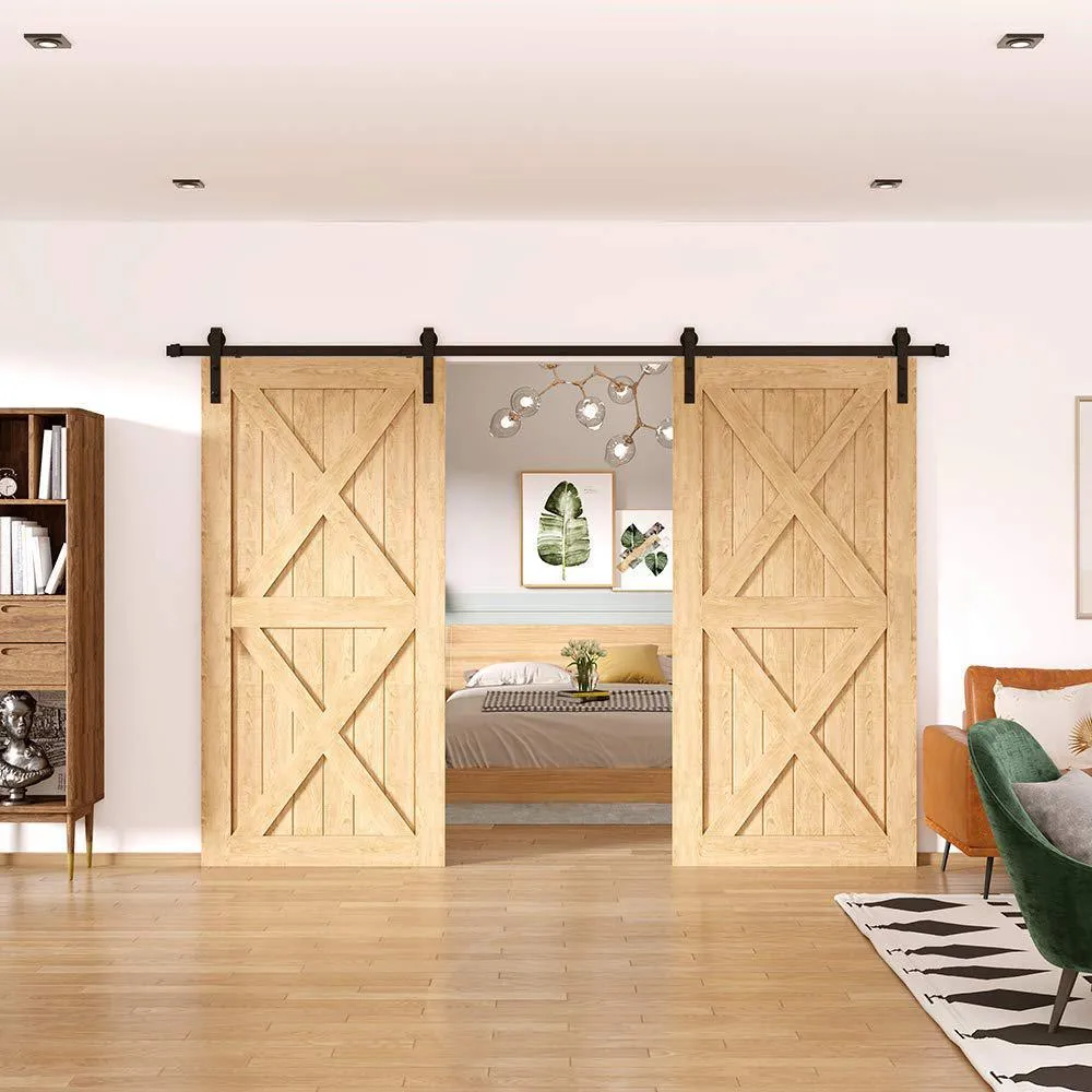 WINSOON 11 ft./132 in. Frosted Black Sliding Barn Door Hardware Track Kit for Double Doors with Non-Routed Floor Guide, photo 3 of 7