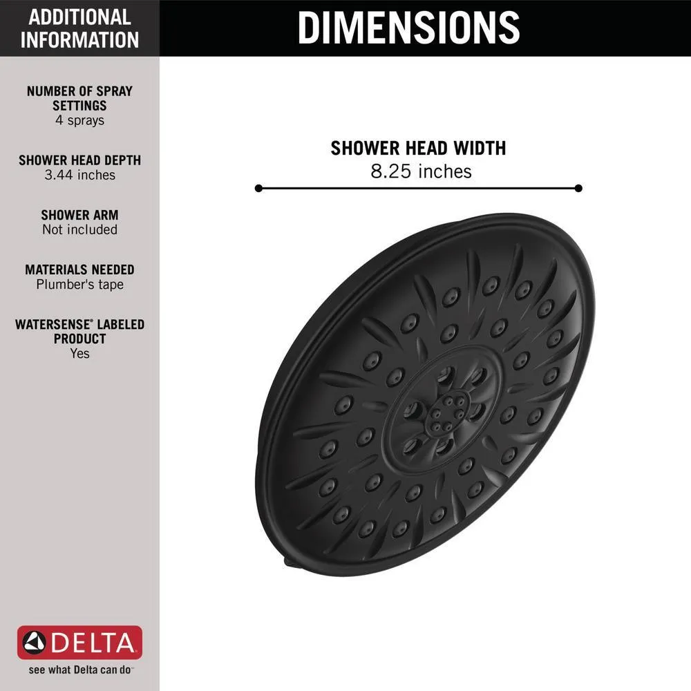 4-Spray 8.3 in. Single Wall Mount Fixed H2Okinetic Shower Head in Matte Black, photo 2 of 13
