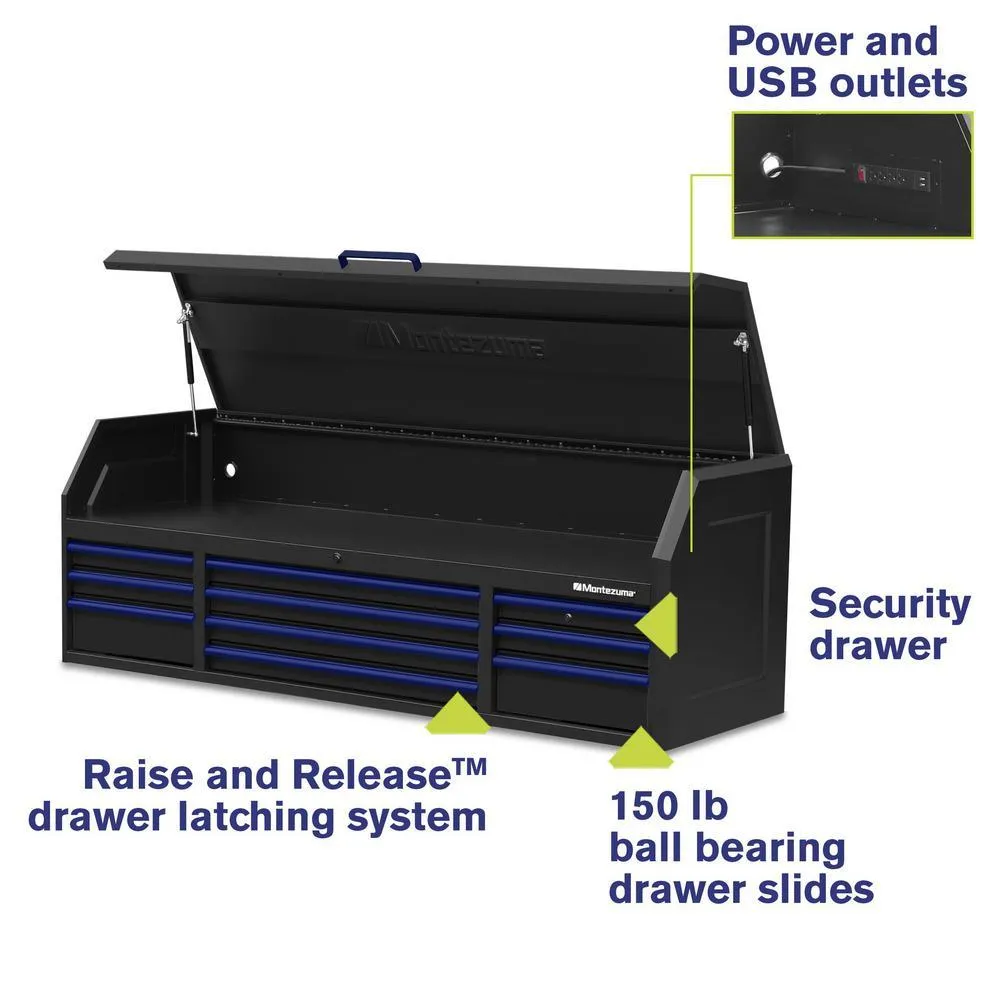 72 in. x 24 in. 10-Drawer Tool Top Chest with Power and USB Outlets in Black and Blue, photo 2 of 12