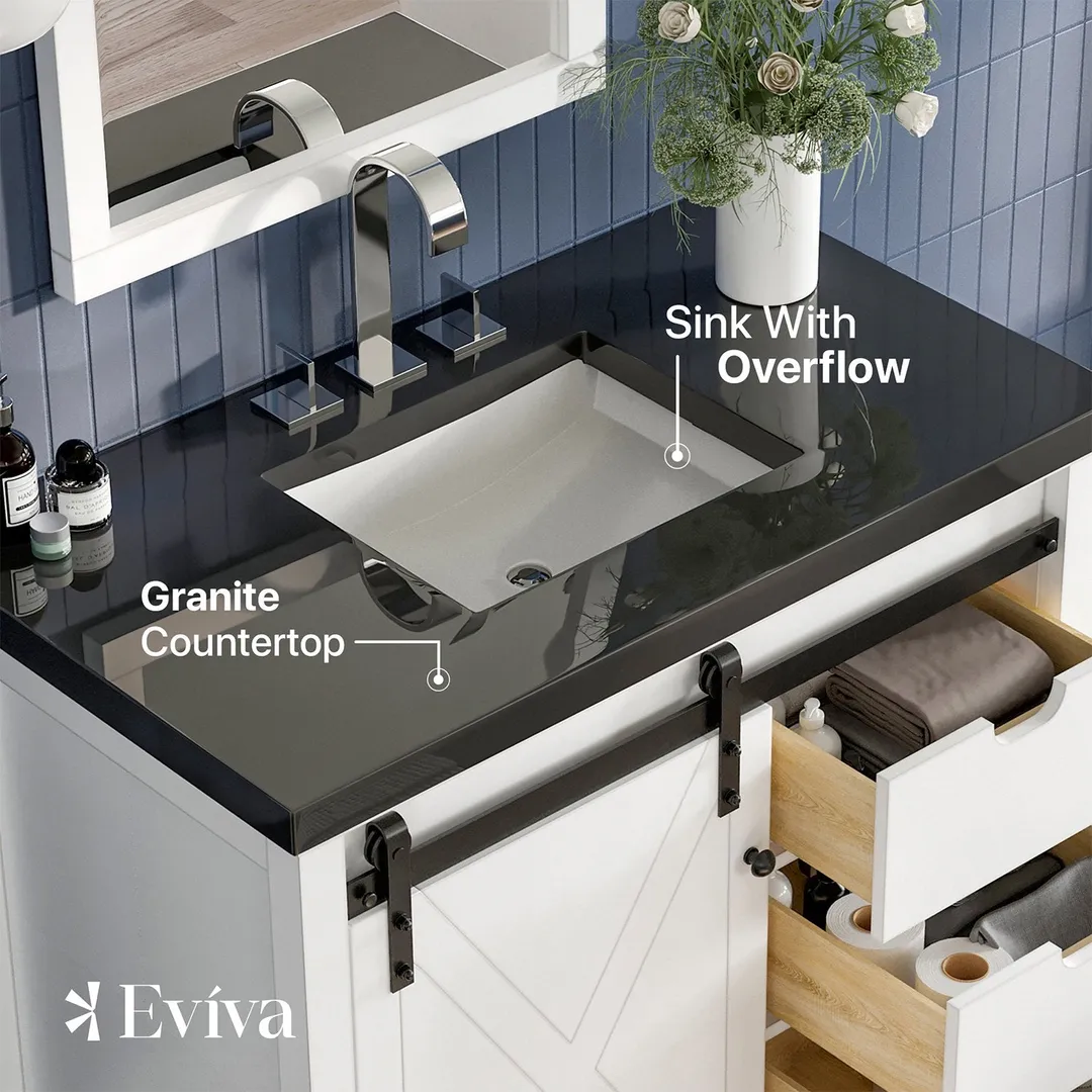 Eviva Dallas 36 in. W x 22 in. D x 34 in. H Bath Vanity in White with Black Granite Top and Black Sink, photo 3 of 7