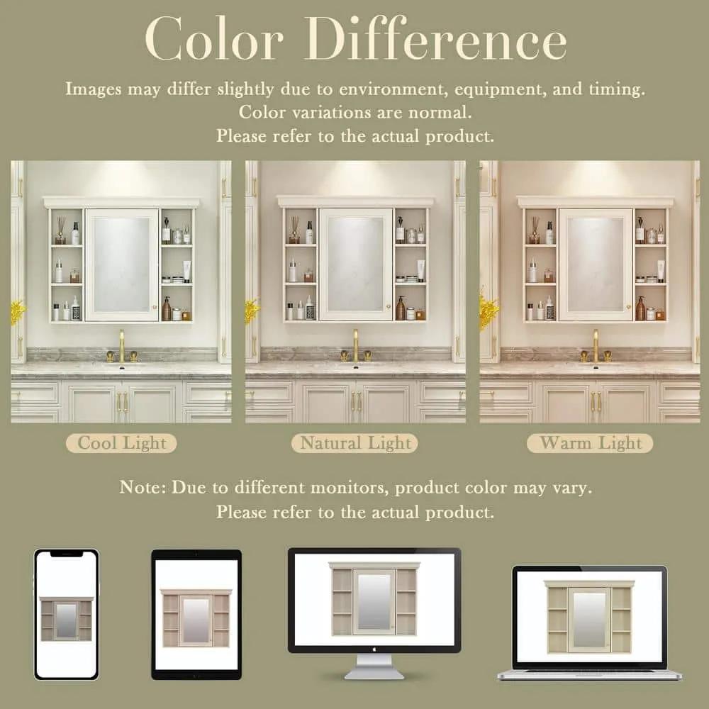 DELUXE DL LIVING 35 in. W x 28 in. H Rectangular Beige Wood Bathroom Medicine Cabinet with Mirror, Soft Close Door, Easy Hang, Open Shelf, photo 6 of 9