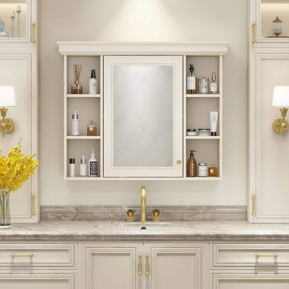 DELUXE DL LIVING 35 in. W x 28 in. H Rectangular Beige Wood Bathroom Medicine Cabinet with Mirror, Soft Close Door, Easy Hang, Open Shelf, photo 9 of 9