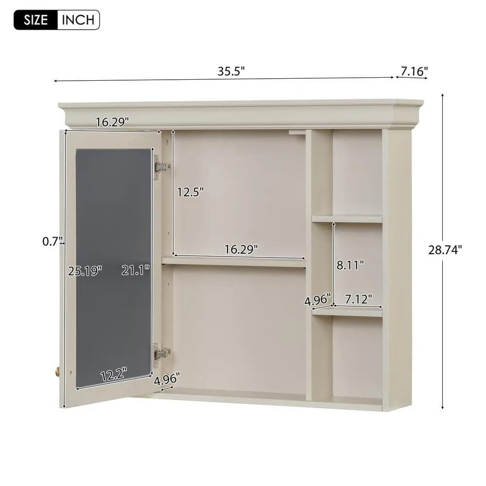 DELUXE DL LIVING 35 in. W x 28 in. H Rectangular Beige Wood Bathroom Medicine Cabinet with Mirror, Soft Close Door, Easy Hang, Open Shelf, photo 5 of 9