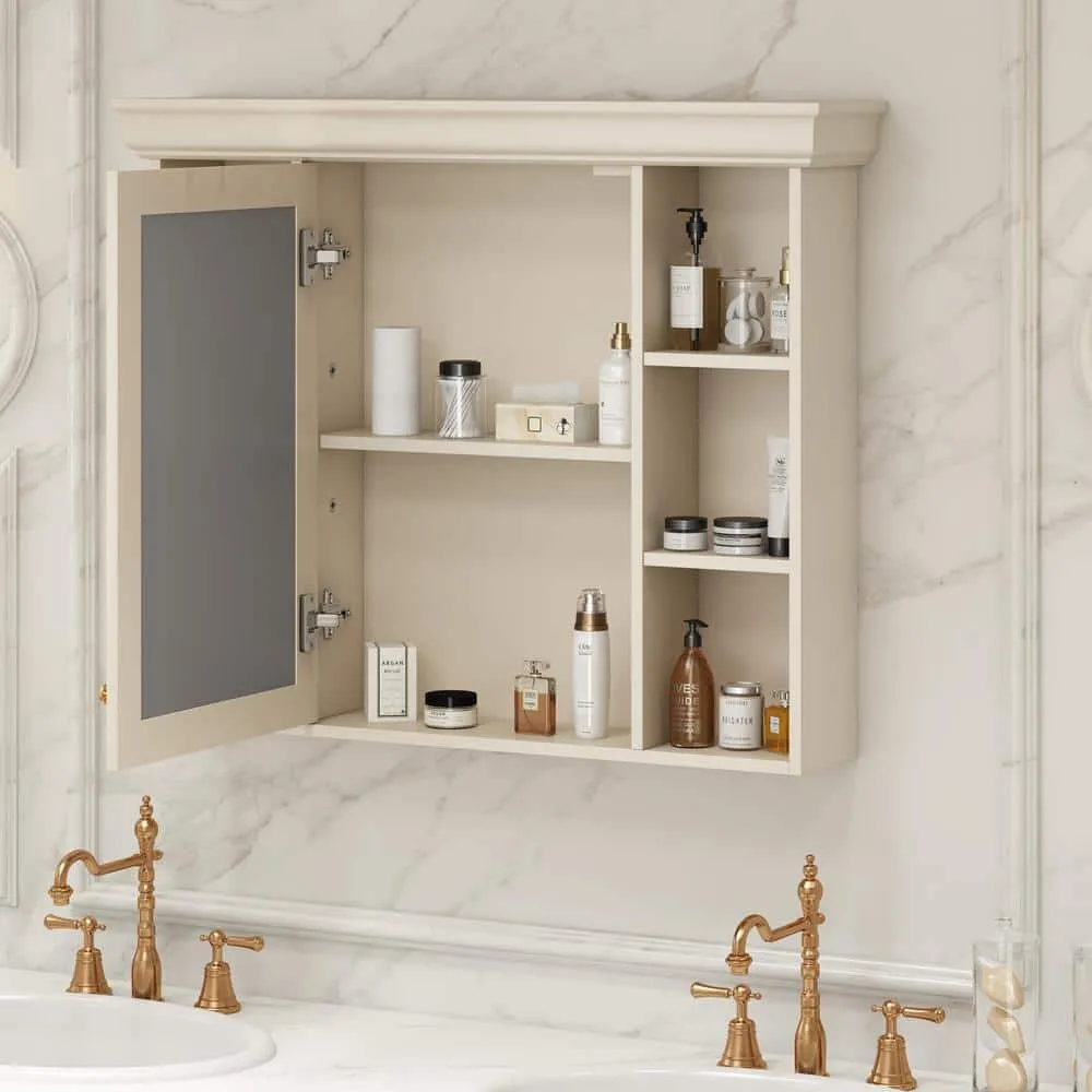 DELUXE DL LIVING 35 in. W x 28 in. H Rectangular Beige Wood Bathroom Medicine Cabinet with Mirror, Soft Close Door, Easy Hang, Open Shelf, photo 3 of 9