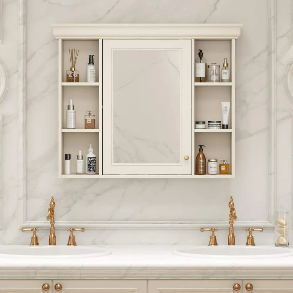 DELUXE DL LIVING 35 in. W x 28 in. H Rectangular Beige Wood Bathroom Medicine Cabinet with Mirror, Soft Close Door, Easy Hang, Open Shelf, photo 8 of 9