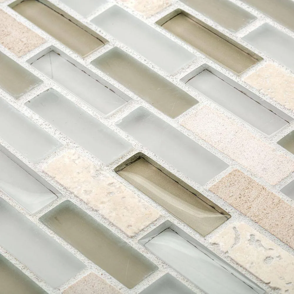 Jeffrey Court Cottage Ridge Mini Brick Beige 9.75 in. x 11.875 in. x 8 mm Interlocking Glass/Travertine Mosaic Tile, photo 3 of 8