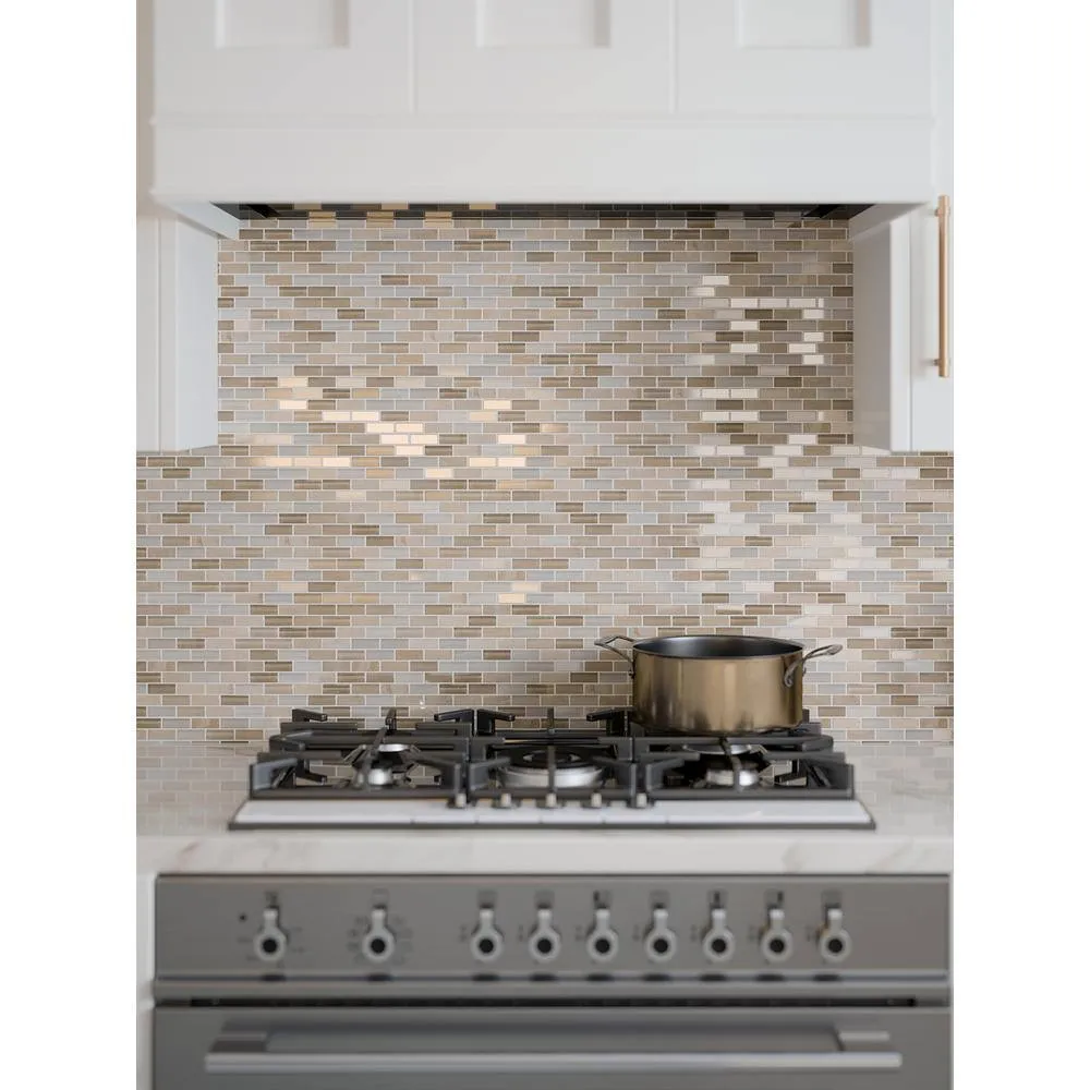Jeffrey Court Cottage Ridge Mini Brick Beige 9.75 in. x 11.875 in. x 8 mm Interlocking Glass/Travertine Mosaic Tile, photo 7 of 8