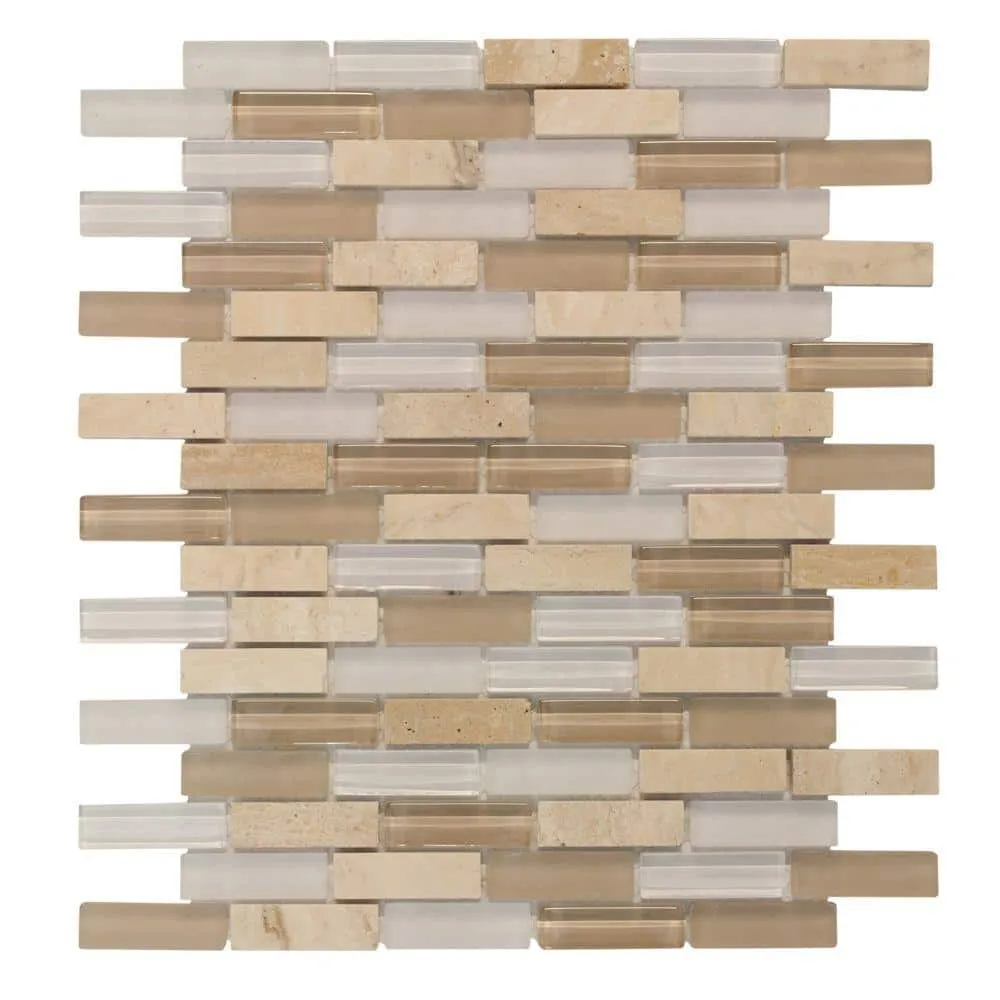 Jeffrey Court Cottage Ridge Mini Brick Beige 9.75 in. x 11.875 in. x 8 mm Interlocking Glass/Travertine Mosaic Tile, photo 2 of 8