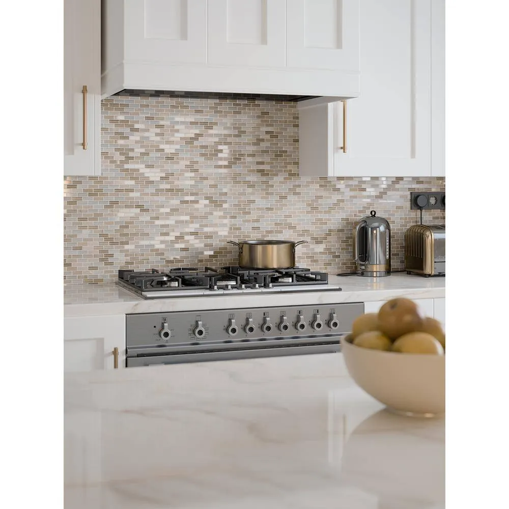 Jeffrey Court Cottage Ridge Mini Brick Beige 9.75 in. x 11.875 in. x 8 mm Interlocking Glass/Travertine Mosaic Tile, photo 4 of 8
