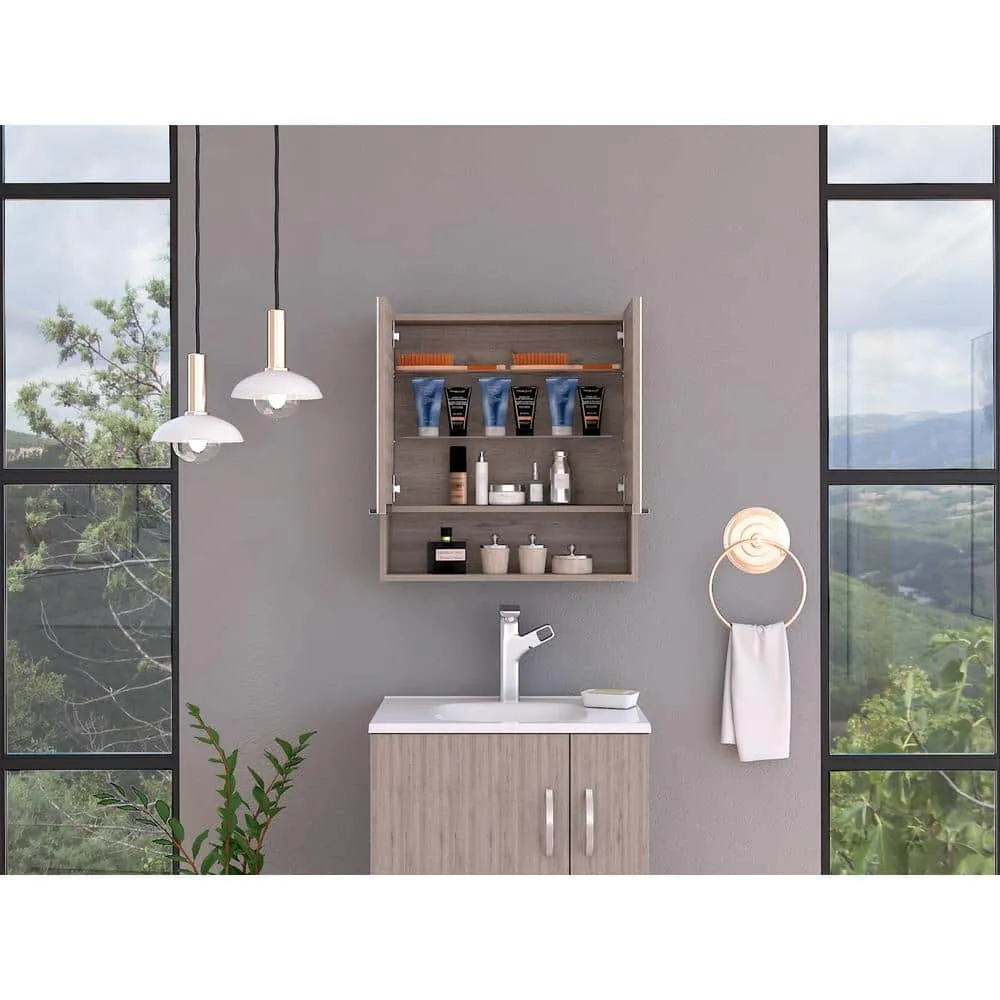 Zeus & Ruta Beige 23.6 in. W x 24.6 in. H Rectangular Particle Board Mirror Medicine Cabinet with Mirror Surface Mount Double Door, photo 4 of 8