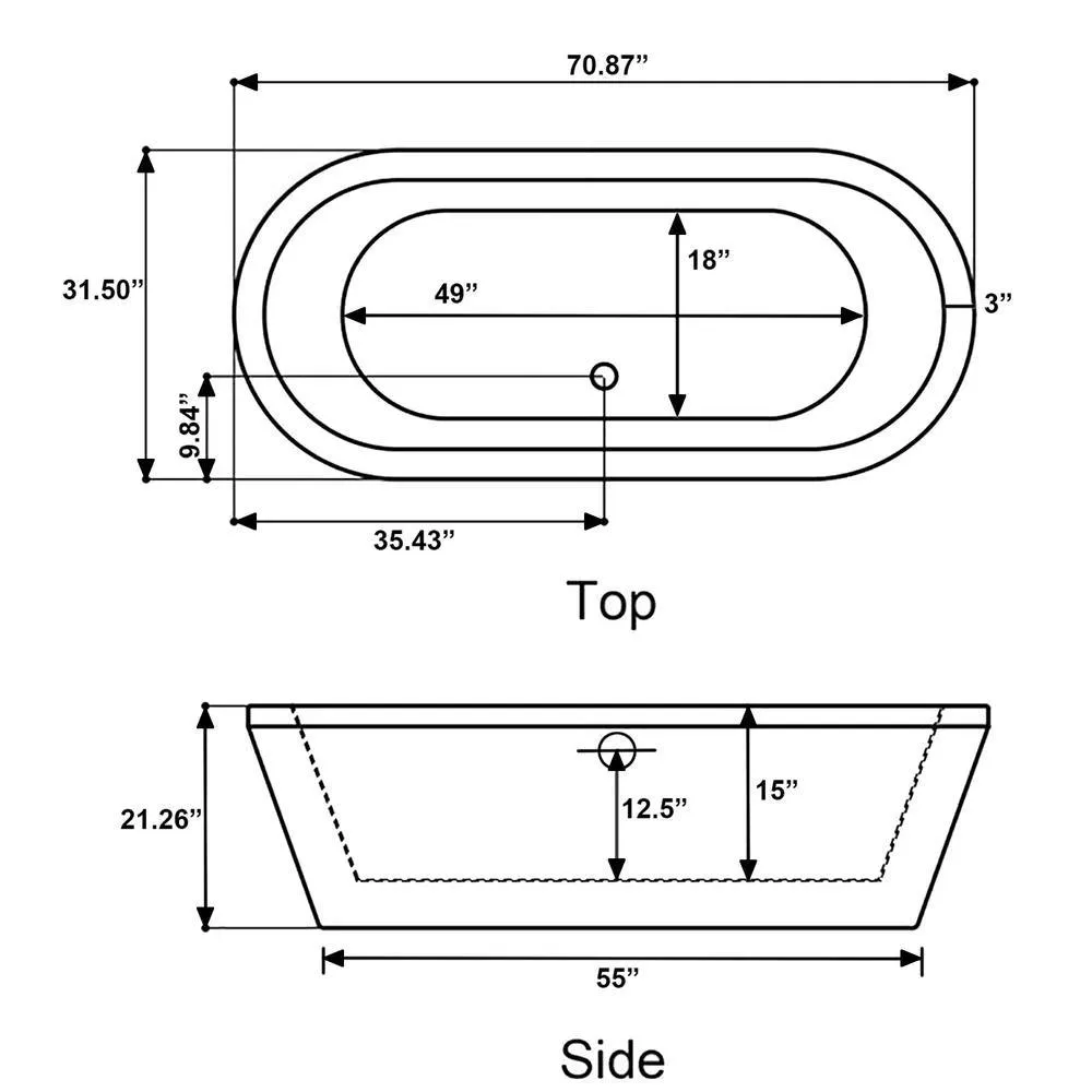 70.8 in. Acrylic Pop Up Drain Oval Double Ended Flatbottom Freestanding Bathtub in White, photo 8 of 9