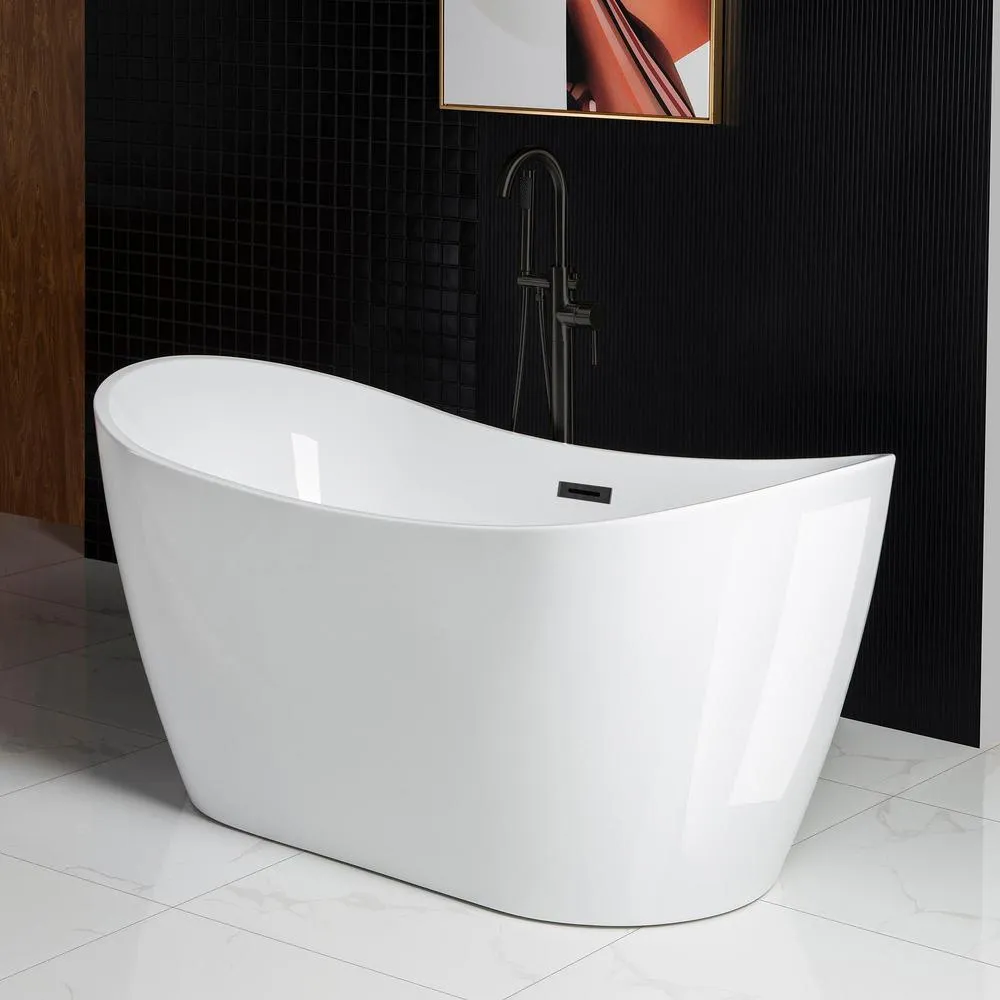 WOODBRIDGE Carver 59 in. Acrylic Freestanding Double Slipper Soaking Bathtub with Chrome Drain & Overflow, White, photo 5 of 11