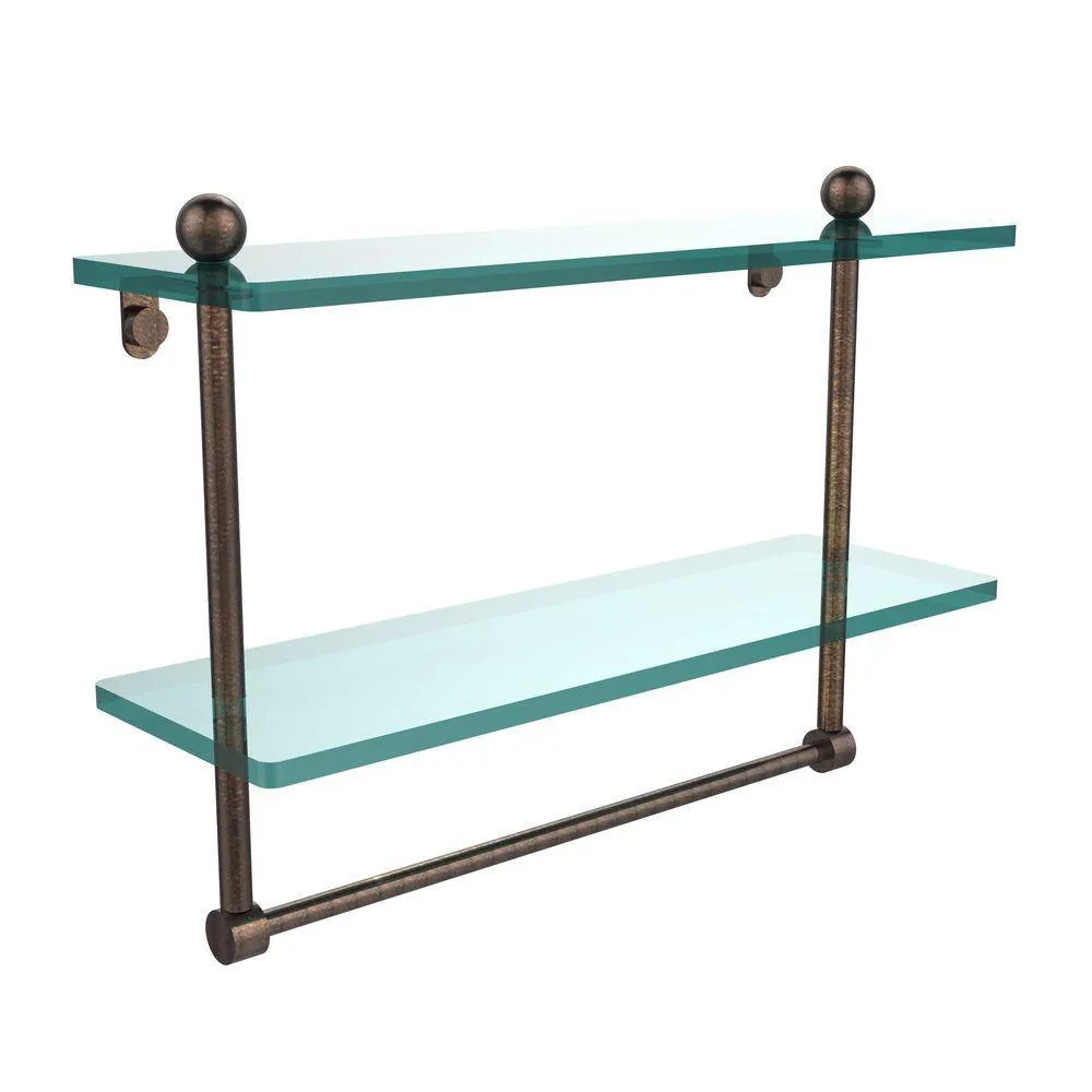 Allied Brass 16 in. L x 12 in. H x 5 in. W 2-Tier Clear Glass Bathroom Shelf with Towel Bar in Satin Nickel, photo 10 of 14