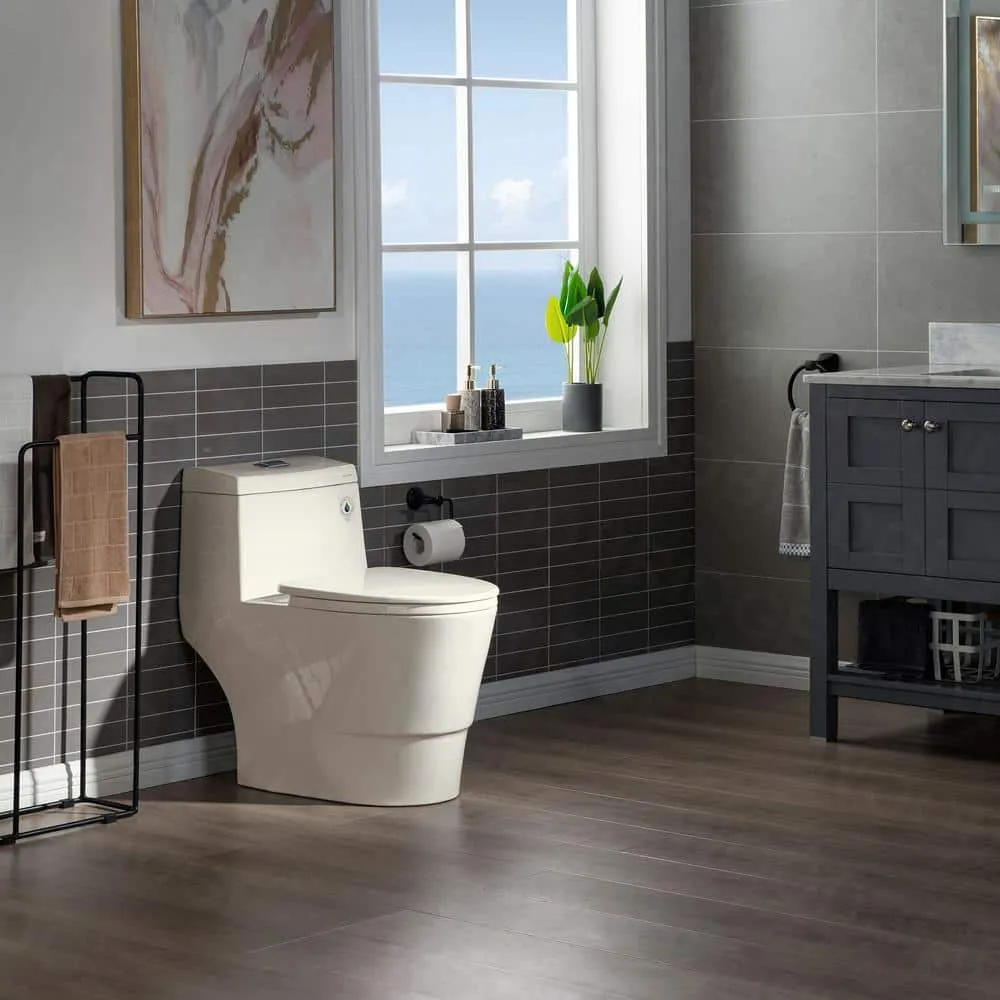 WOODBRIDGE Flora 1-Piece 1.1/1.6 GPF Dual Flush Elongated Comfort Height Toilet in Biscuit with Soft-Close Seat Included, photo 3 of 8