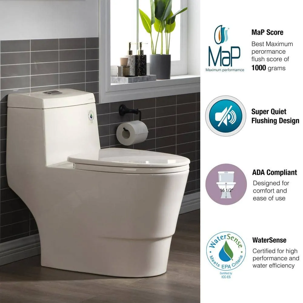 WOODBRIDGE Flora 1-Piece 1.1/1.6 GPF Dual Flush Elongated Comfort Height Toilet in Biscuit with Soft-Close Seat Included, photo 7 of 8